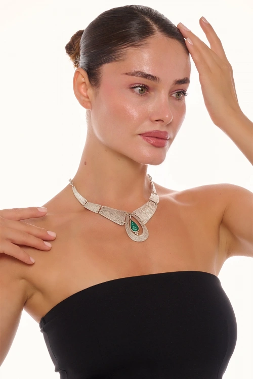 Kiraz Green Enameled Silver Plated Necklace