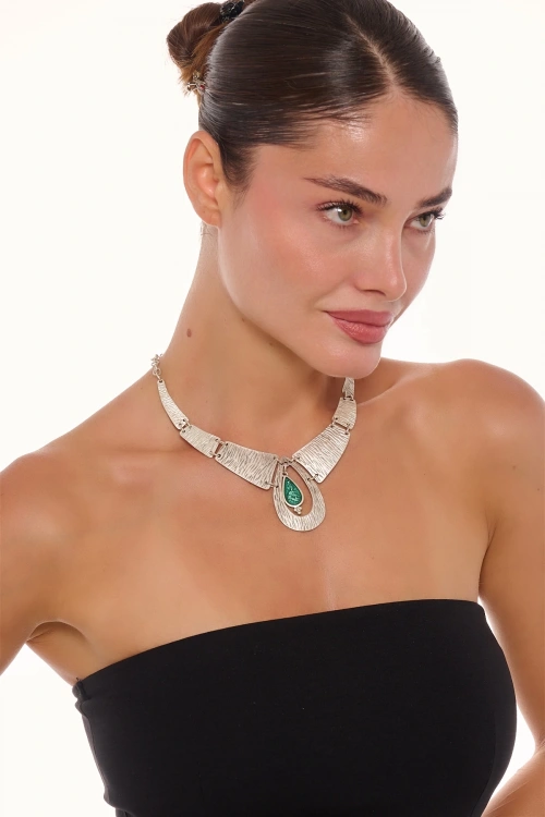 Kiraz Green Enameled Silver Plated Necklace