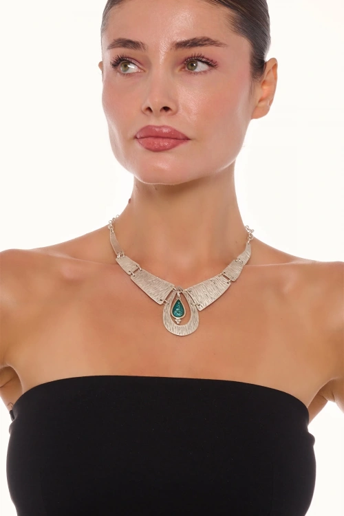 Kiraz Green Enameled Silver Plated Necklace