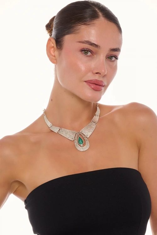 Kiraz Green Enameled Silver Plated Necklace