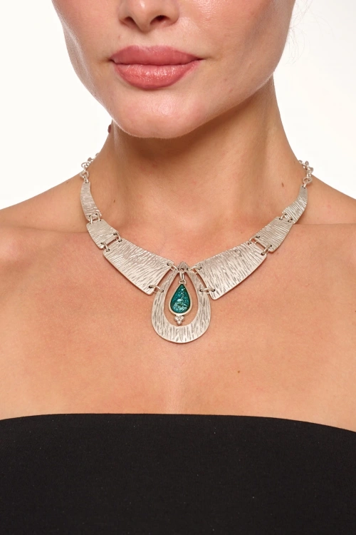 Kiraz Green Enameled Silver Plated Necklace