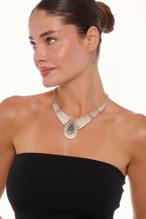 Kiraz Green Enameled Silver Plated Necklace