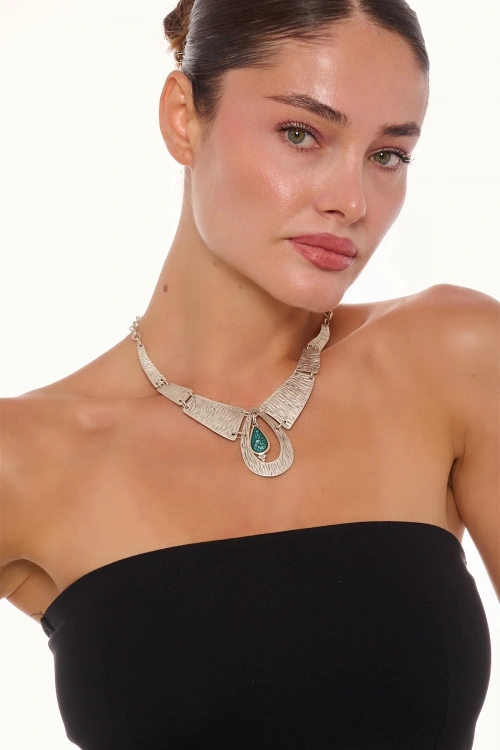 Kiraz Green Enameled Silver Plated Necklace