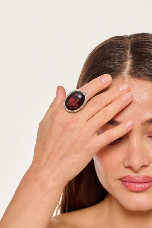 Kiraz Burdungy Crystal Stoned Silver Plated Ring