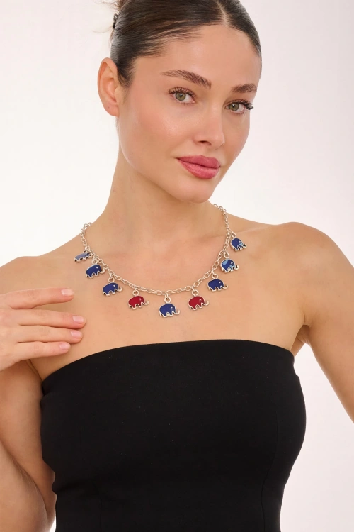 Kiraz Burgundy And Navy Blue Enameled Silver Elephant Plated Necklace