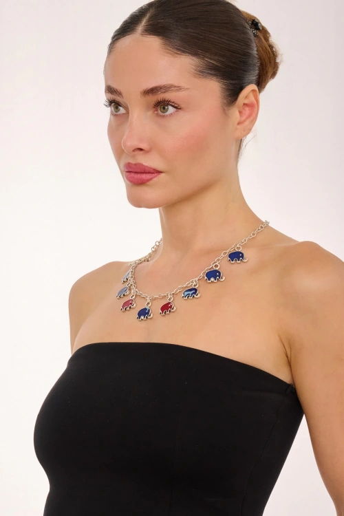 Kiraz Burgundy And Navy Blue Enameled Silver Elephant Plated Necklace