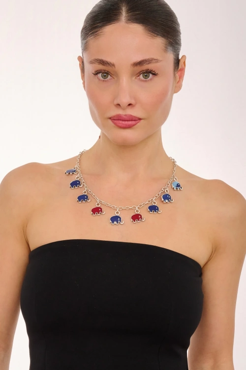 Kiraz Burgundy And Navy Blue Enameled Silver Elephant Plated Necklace