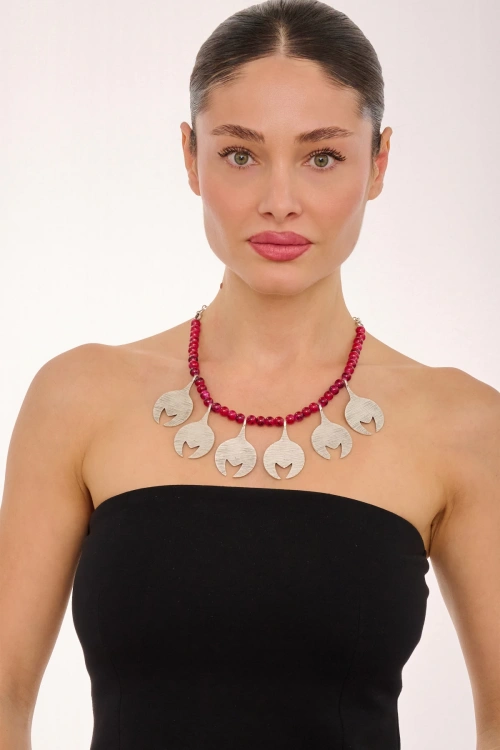 Kiraz Burgundy Beaded Silver Plated Necklace