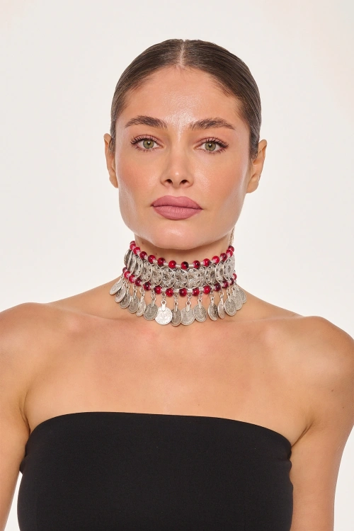 Kiraz Burgundy Beaded Silver Plated Necklace