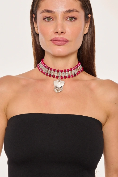 Kiraz Burgundy Beaded Silver Plated Necklace