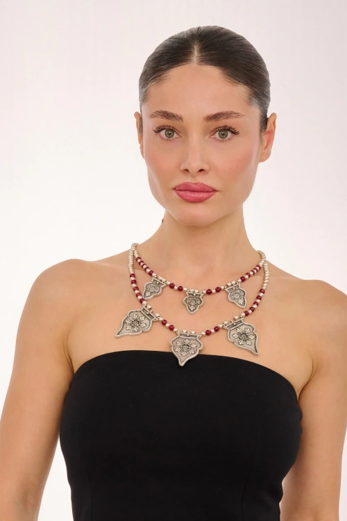 Kiraz Burgundy Beaded Silver Plated Necklace