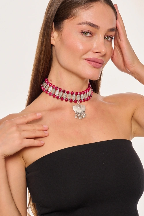 Kiraz Burgundy Beaded Silver Plated Necklace