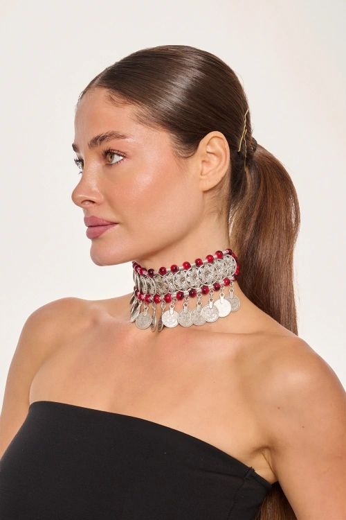 Kiraz Burgundy Beaded Silver Plated Necklace