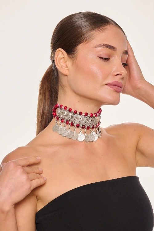 Kiraz Burgundy Beaded Silver Plated Necklace