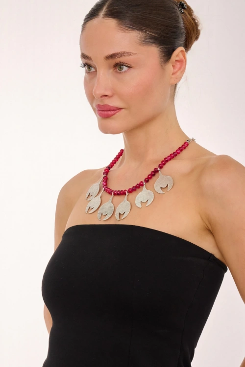 Kiraz Burgundy Beaded Silver Plated Necklace