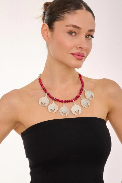 Kiraz Burgundy Beaded Silver Plated Necklace