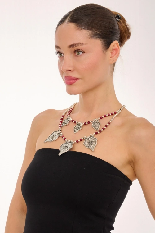 Kiraz Burgundy Beaded Silver Plated Necklace