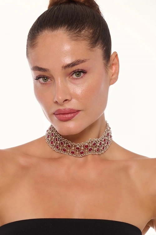 Kiraz Burgundy Stoned Choker Silver Plated Necklace