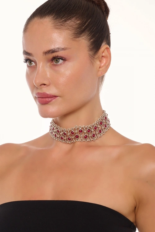 Kiraz Burgundy Stoned Choker Silver Plated Necklace