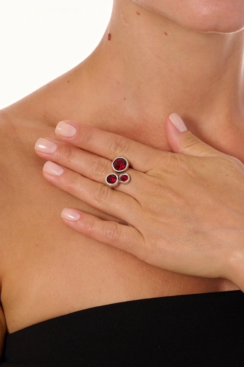 Kiraz Burgundy Crystal Stoned Silver Plated Ring