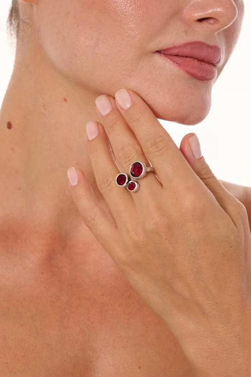 Kiraz Burgundy Crystal Stoned Silver Plated Ring