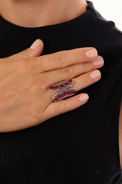 Kiraz Burgundy Crystal Stoned Silver Plated Ring