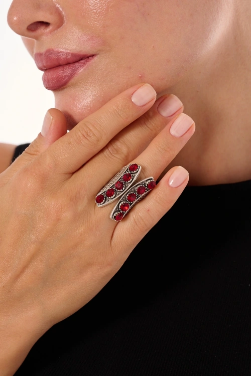 Kiraz Burgundy Crystal Stoned Silver Plated Ring