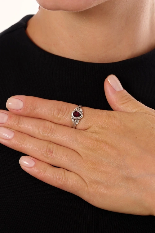 Kiraz Burgundy Crystal Stoned Silver Plated Ring