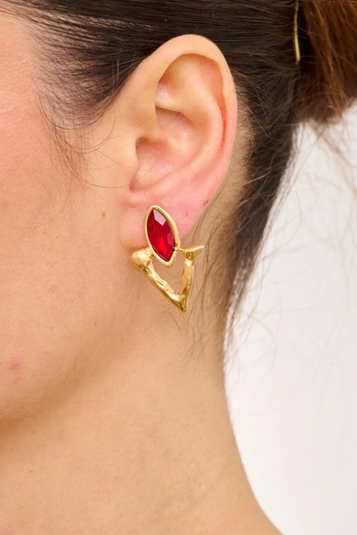 Kiraz Burgundy Crystal Stoned Gold Plated Earring
