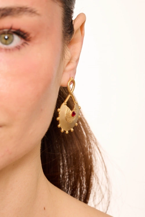 Kiraz Burgundy Crystal Stoned Gold Plated Earring