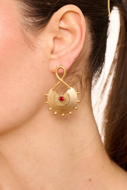 Kiraz Burgundy Crystal Stoned Gold Plated Earring