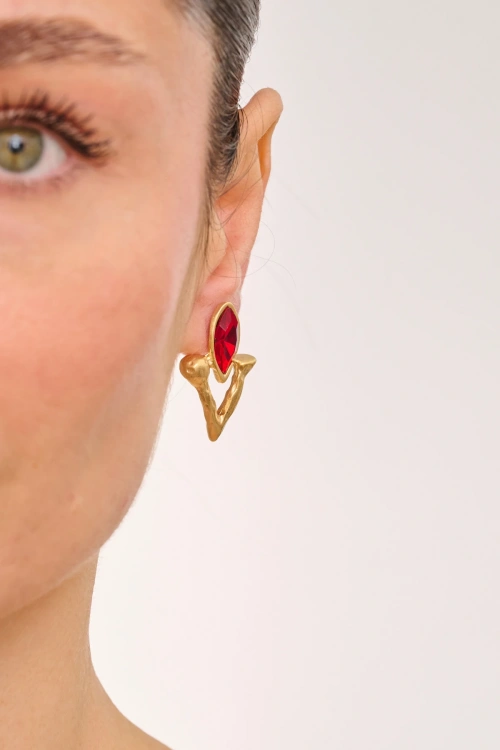 Kiraz Burgundy Crystal Stoned Gold Plated Earring
