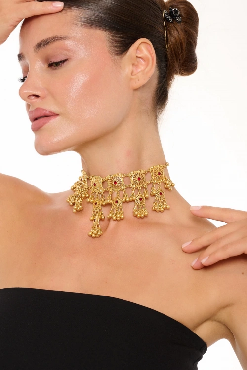 Kiraz Burgundy Crystal Stoned Gold Plated Necklace