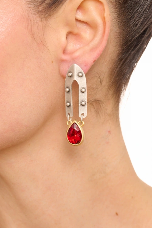 Kiraz Burgundy Crystal Stoned Silver And Gold Plated Earring