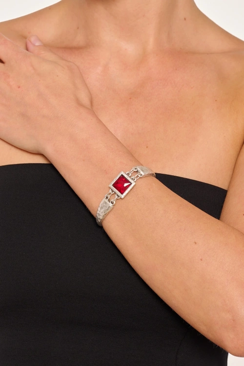 Kiraz Burgundy Crystal Stoned Silver Plated Bracelet