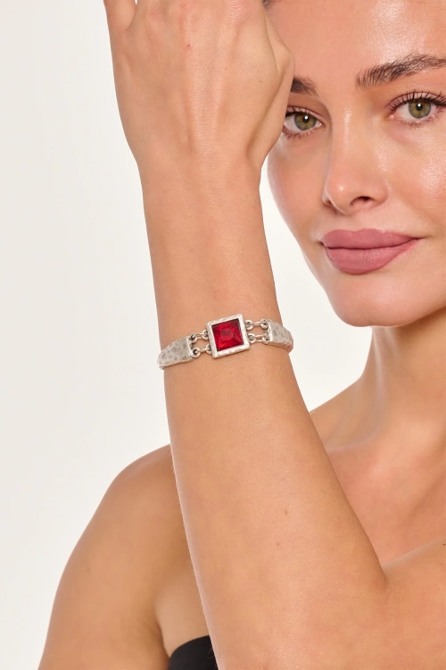 Kiraz Burgundy Crystal Stoned Silver Plated Bracelet