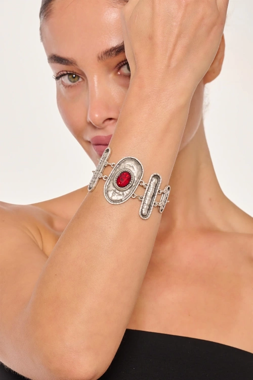 Kiraz Burgundy Crystal Stoned Silver Plated Bracelet