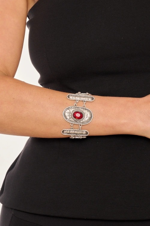 Kiraz Burgundy Crystal Stoned Silver Plated Bracelet