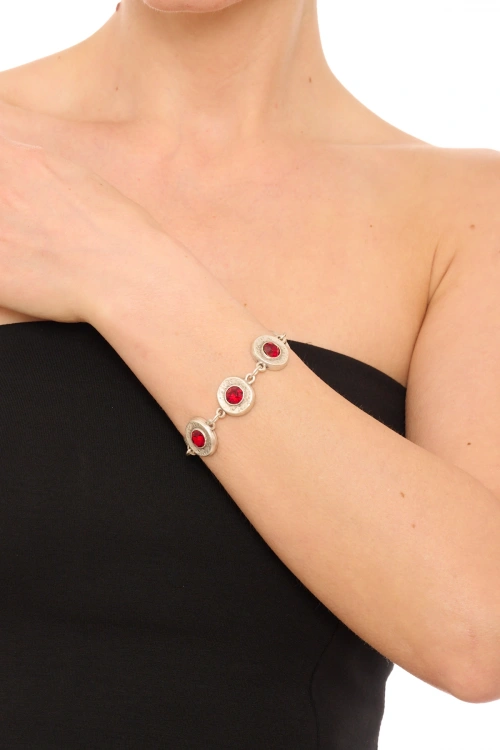 Kiraz Burgundy Crystal Stoned Silver Plated Bracelet