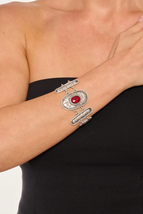 Kiraz Burgundy Crystal Stoned Silver Plated Bracelet