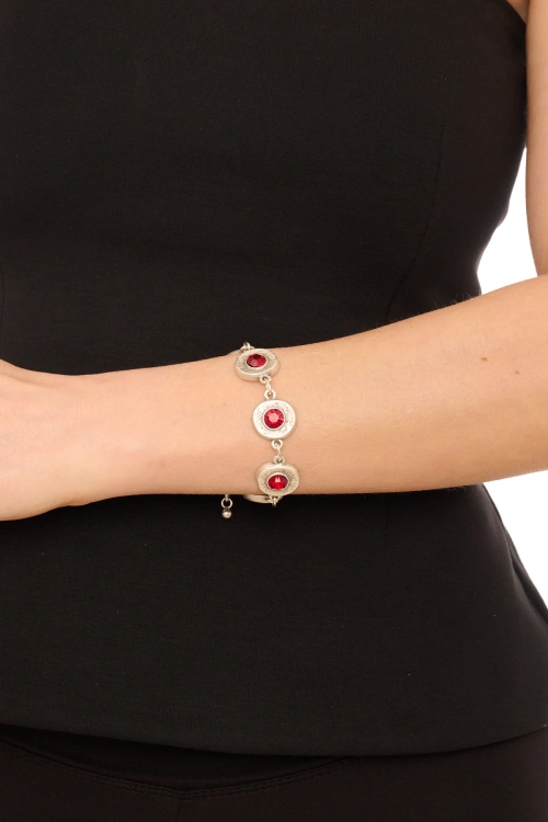 Kiraz Burgundy Crystal Stoned Silver Plated Bracelet