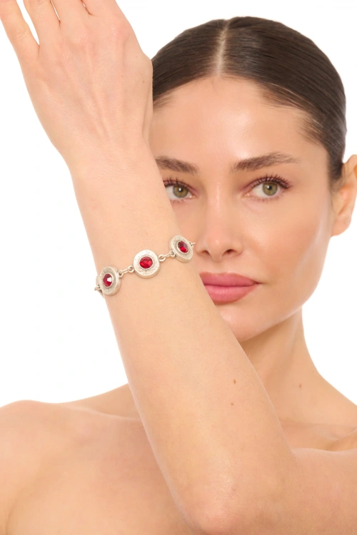 Kiraz Burgundy Crystal Stoned Silver Plated Bracelet