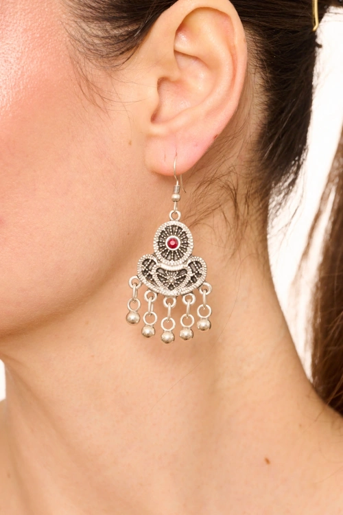 Kiraz Burgundy Crystal Stoned Silver Plated Earring