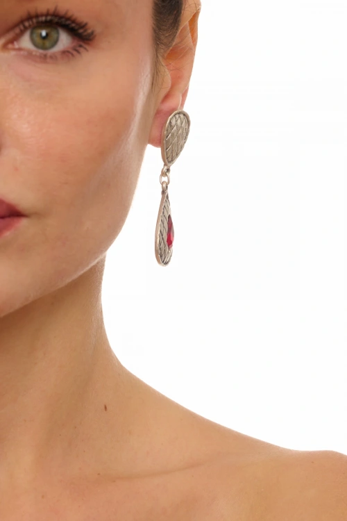 Kiraz Burgundy Crystal Stoned Silver Plated Earring