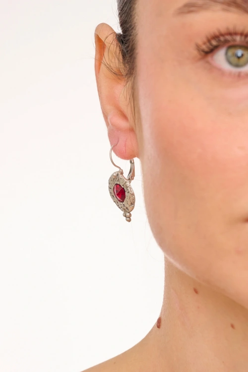 Kiraz Burgundy Crystal Stoned Silver Plated Earring