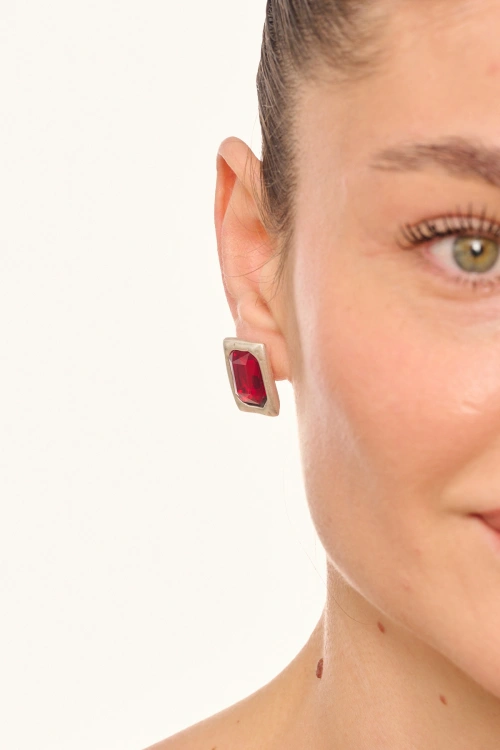 Kiraz Burgundy Crystal Stoned Silver Plated Earring