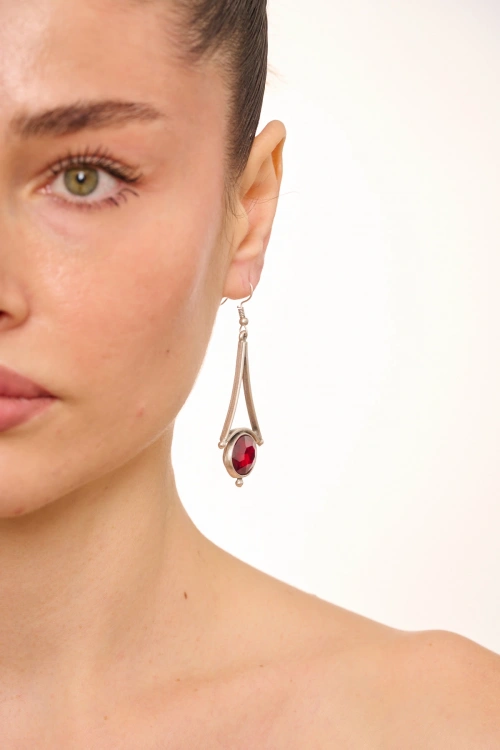 Kiraz Burgundy Crystal Stoned Silver Plated Earring