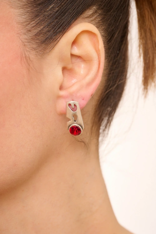 Kiraz Burgundy Crystal Stoned Silver Plated Earring
