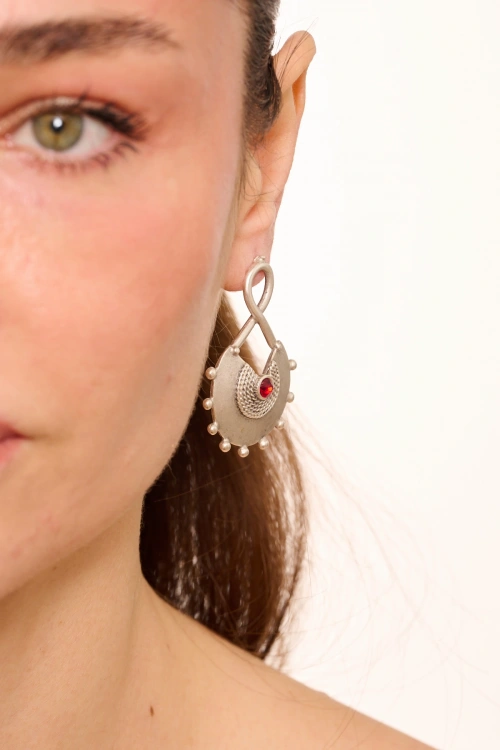 Kiraz Burgundy Crystal Stoned Silver Plated Earring