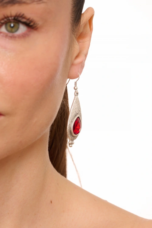 Kiraz Burgundy Crystal Stoned Silver Plated Earring